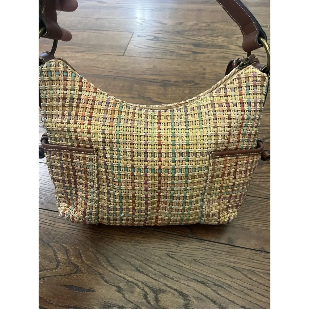 Fossil Straw Woven Hobo Bag Multicolor Leather Trim Summer Boho Purse